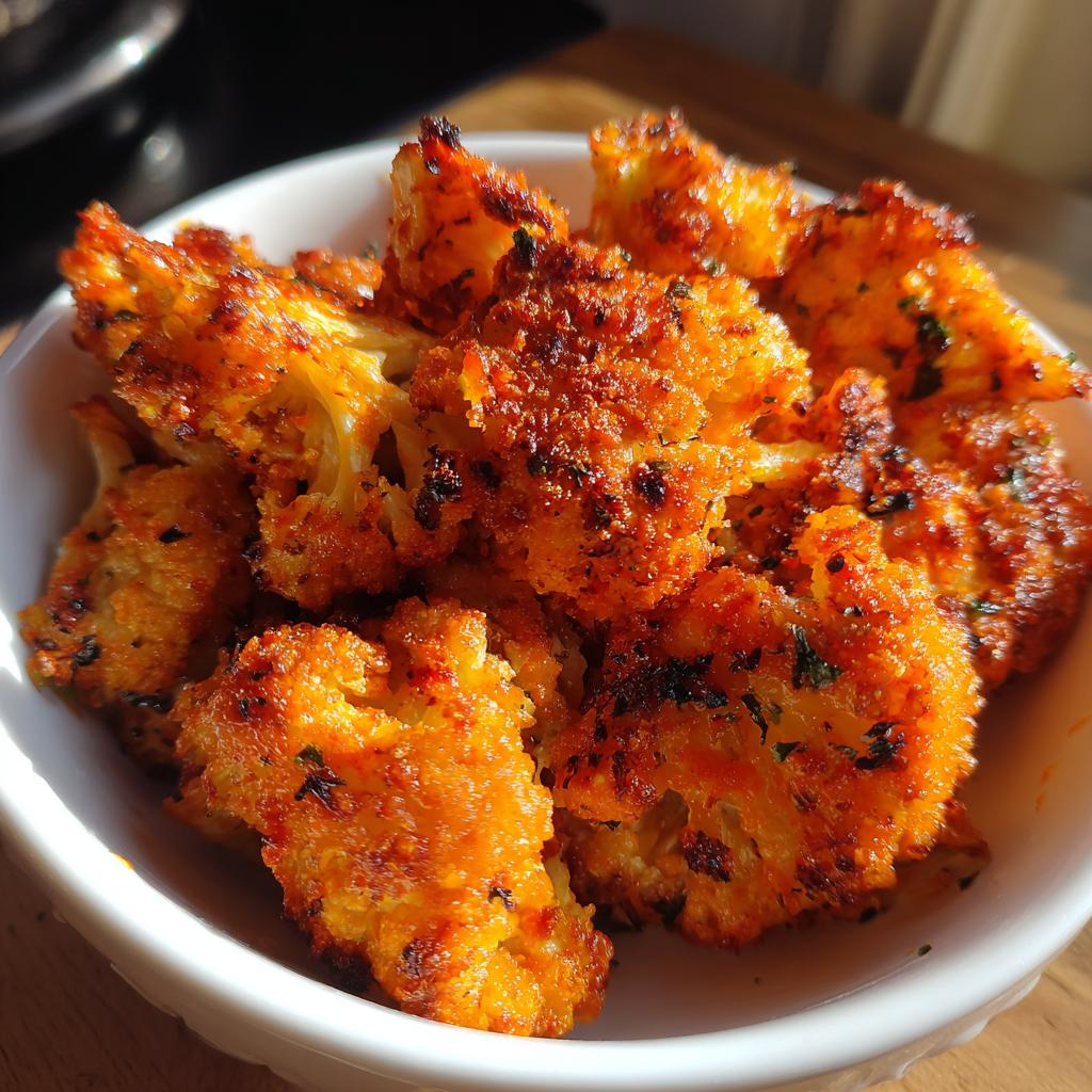 Close-up of crispy, golden-brown buffalo cauliflower florets in a white bowl, seasoned with spices and herbs.