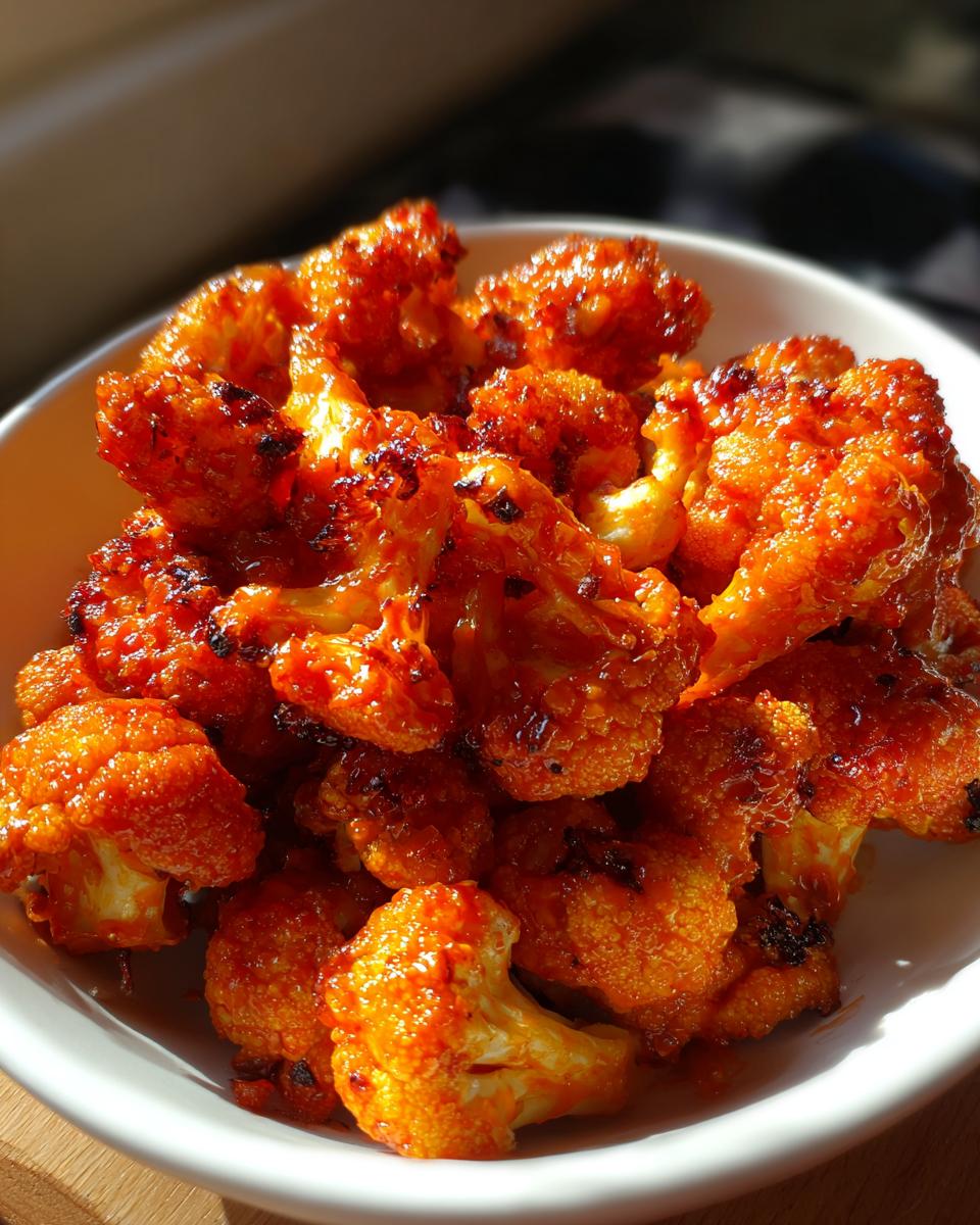 Close-up of crispy air fryer buffalo cauliflower florets in a white bowl, coated in spicy red sauce.