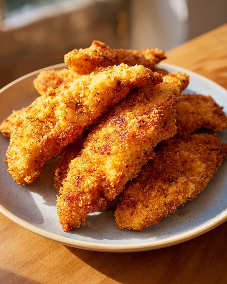 A close-up of golden-brown, crispy air fryer chicken tenders piled on a light blue plate.