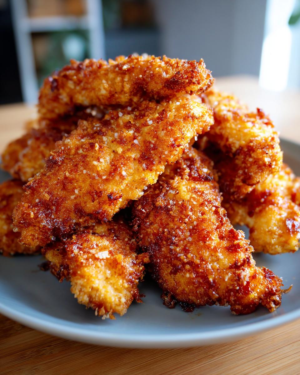 A close-up of a stack of golden-brown, crispy air fryer chicken tenders coated in breadcrumbs and seasonings.