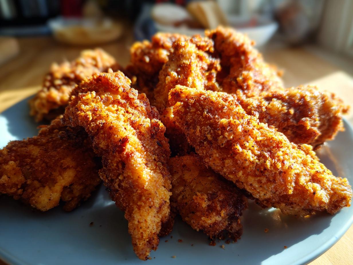 A close-up shot of a pile of golden-brown, crispy air fryer chicken tenders on a blue plate.