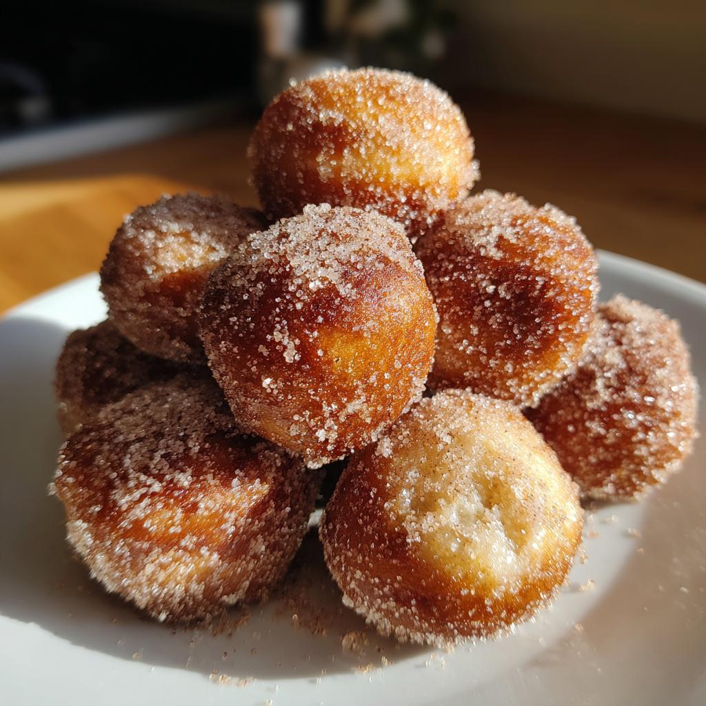 A pile of golden brown air fryer donut holes coated in cinnamon sugar, ready to be enjoyed.