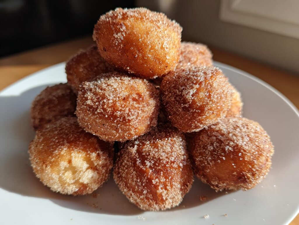 A pile of golden brown, freshly made air fryer donut holes coated in cinnamon sugar.