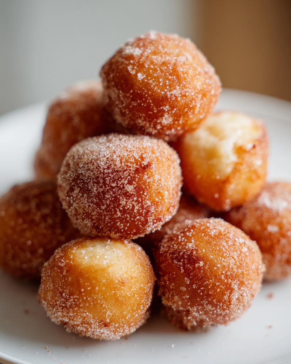 A pile of golden brown air fryer donut holes coated in cinnamon sugar on a white plate.