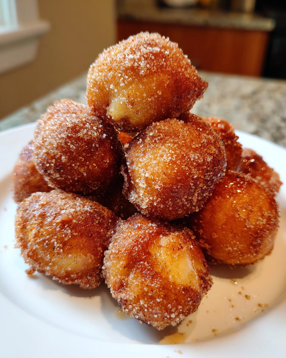 A pile of golden brown air fryer donut holes coated in cinnamon sugar on a white plate.