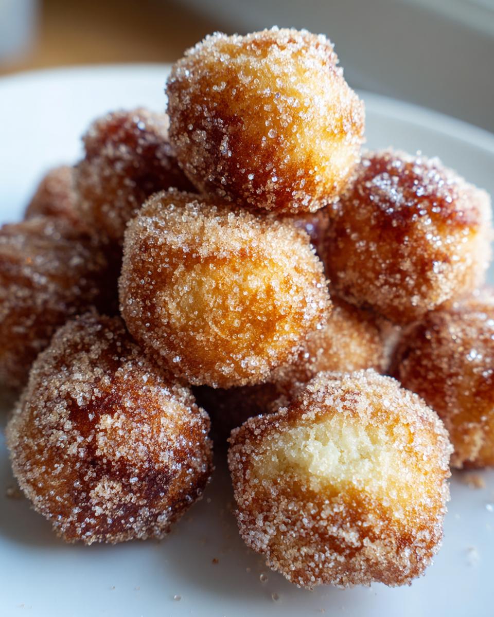 A pile of golden brown air fryer donut holes coated in cinnamon sugar on a white plate.