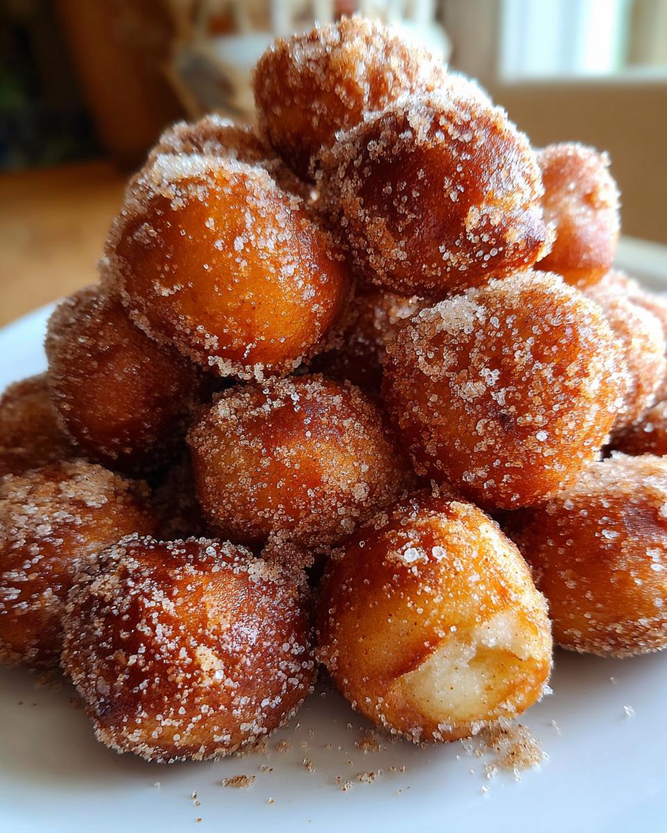 A close-up of a pile of golden brown air fryer donut holes coated in cinnamon sugar.