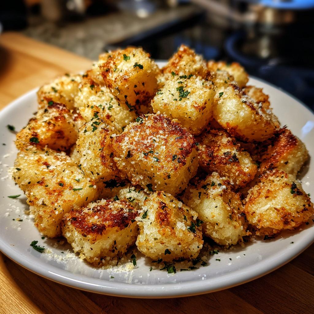 A pile of golden-brown air fryer garlic parmesan potatoes, sprinkled with fresh parsley and grated parmesan cheese.
