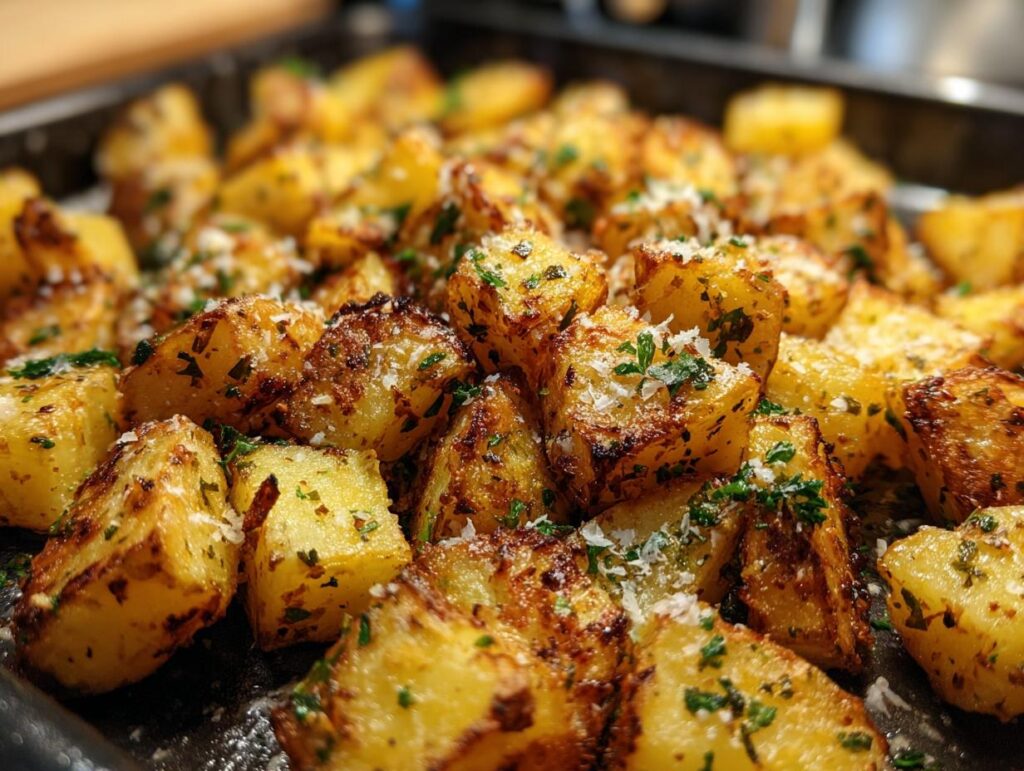 Close-up of golden brown air fryer garlic parmesan potatoes sprinkled with fresh parsley and grated cheese.