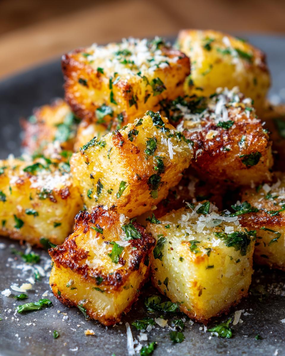 A close-up shot of crispy air fryer garlic parmesan potatoes, sprinkled with fresh parsley and grated parmesan cheese.