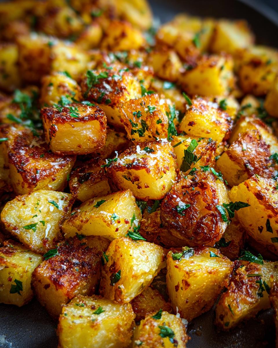 Close-up of golden brown, crispy air fryer garlic parmesan potatoes sprinkled with fresh parsley.