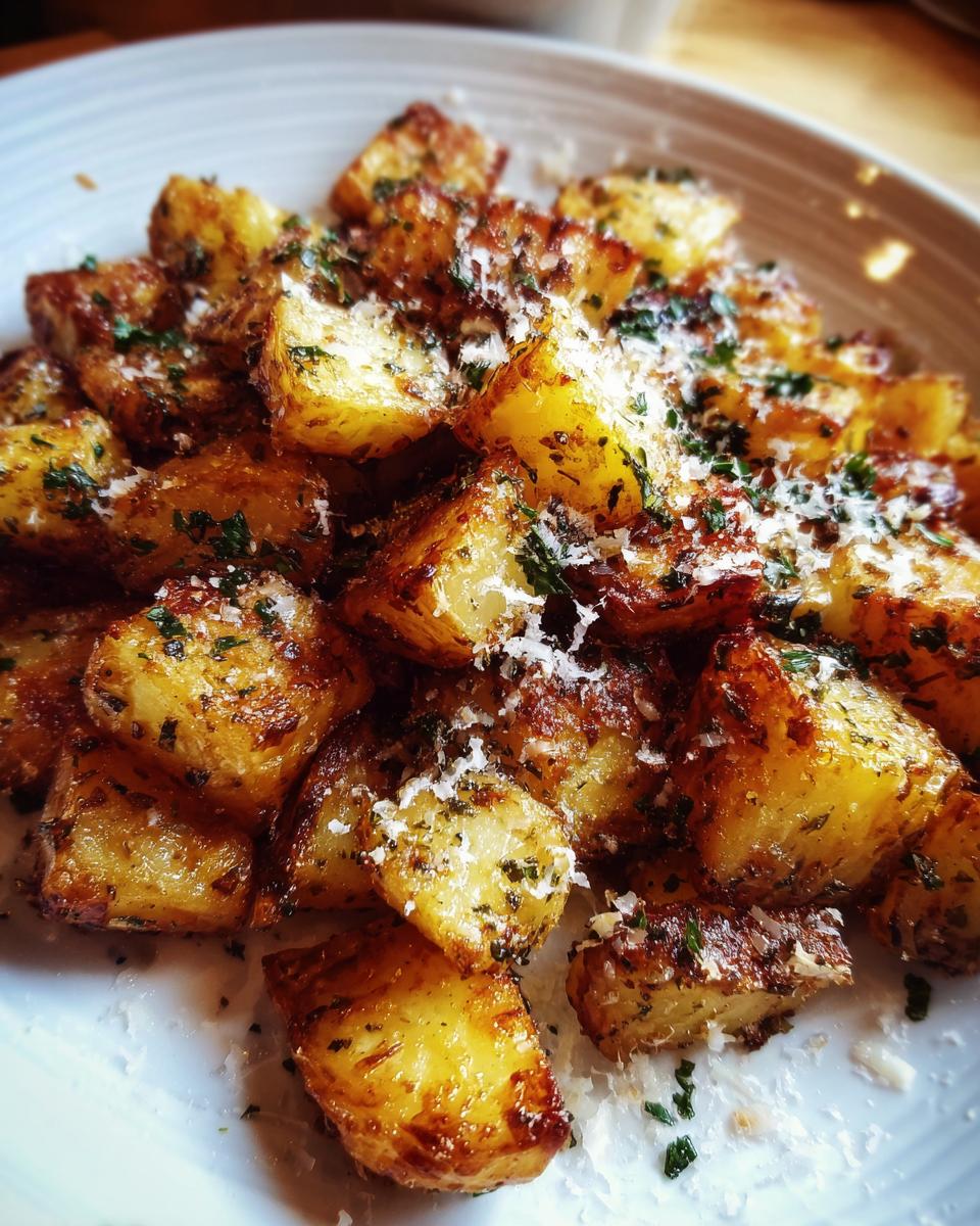A close-up shot of golden-brown air fryer garlic parmesan potatoes, sprinkled with fresh parsley and grated parmesan cheese.