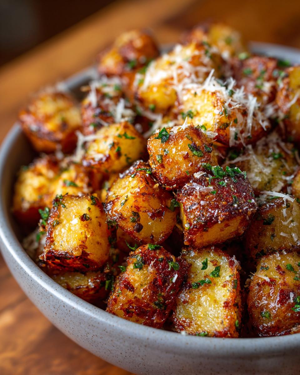 Close-up of golden-brown air fryer garlic parmesan potatoes sprinkled with grated cheese and parsley in a bowl.