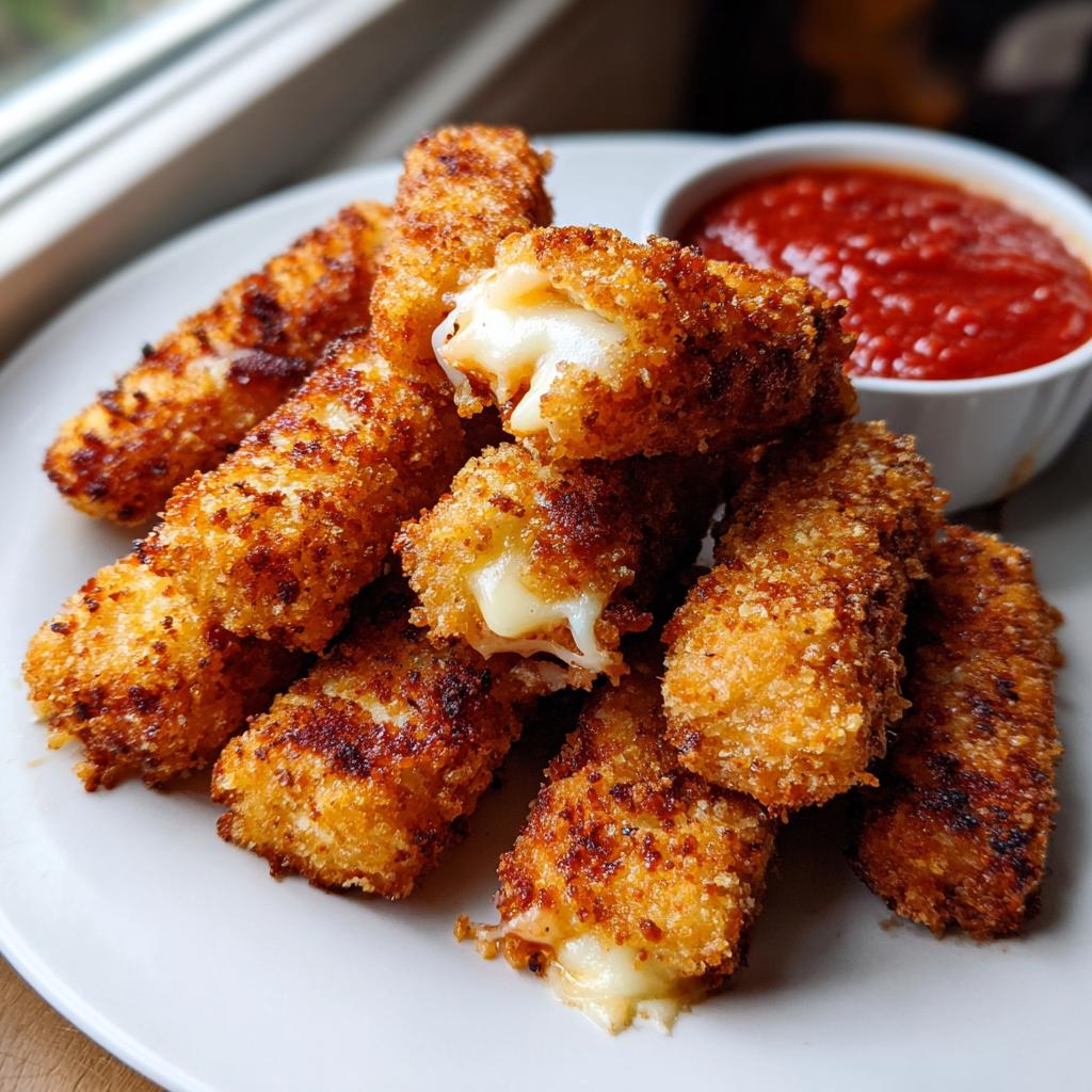 A pile of golden brown, crispy air fryer mozzarella sticks with melted cheese oozing out, served with marinara sauce.