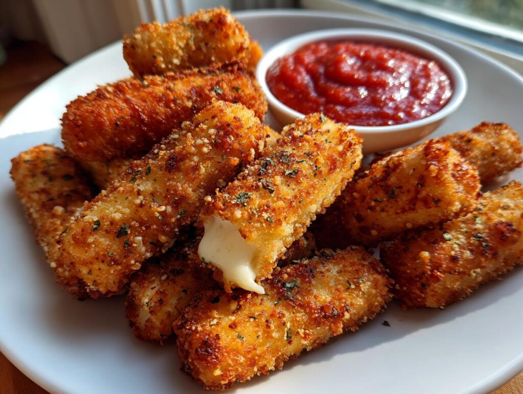A pile of golden brown air fryer mozzarella sticks served with a side of marinara sauce.