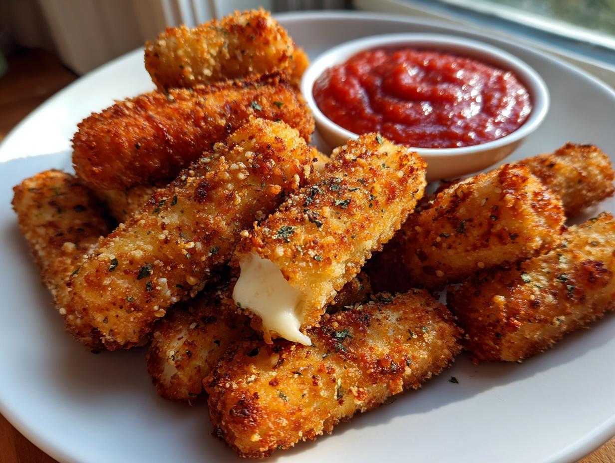 A pile of golden brown air fryer mozzarella sticks served with a side of marinara sauce.