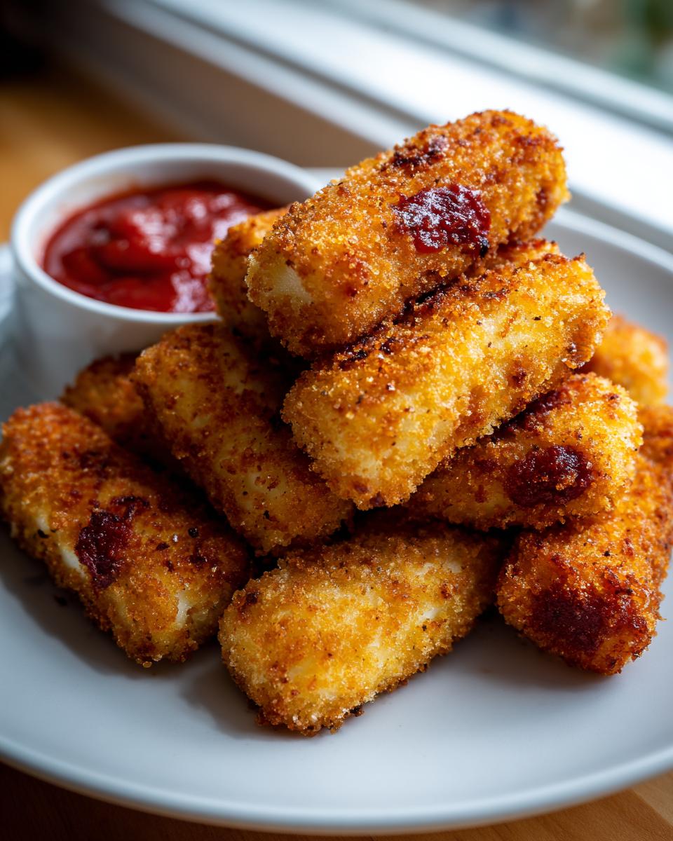 A pile of crispy, golden air fryer mozzarella sticks served with a side of marinara sauce.