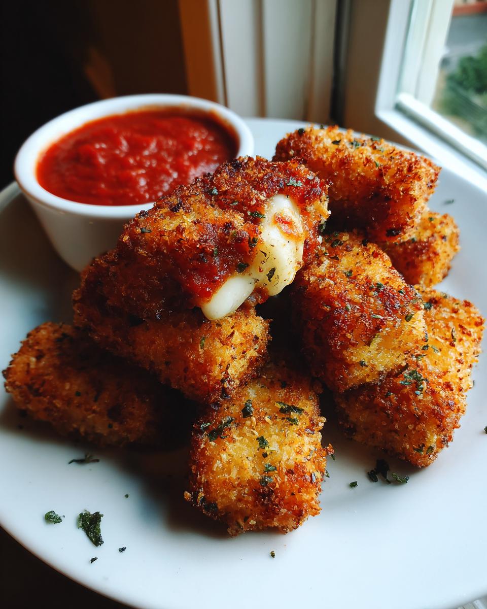 Golden brown air fryer mozzarella sticks piled on a white plate with a side of marinara sauce.