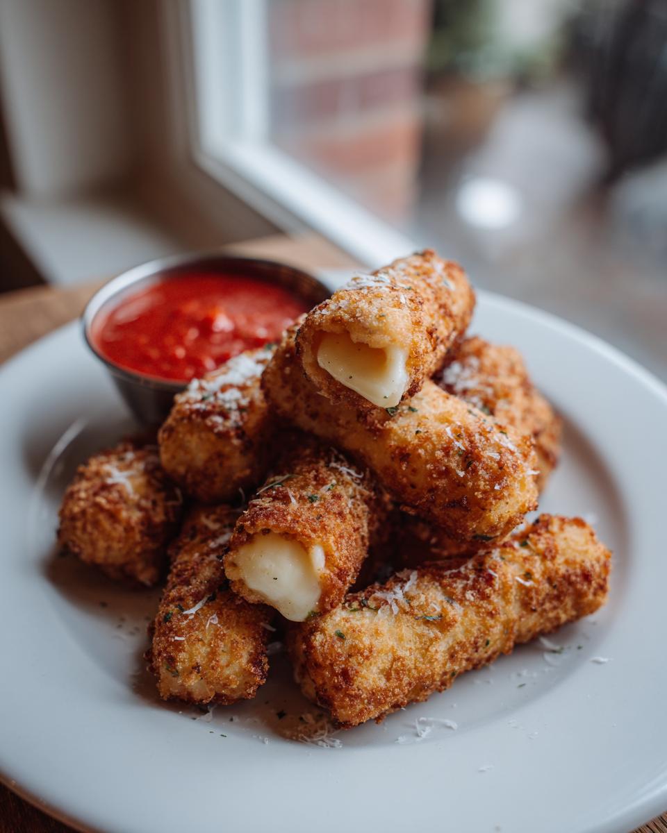 Golden brown air fryer mozzarella sticks piled on a white plate with a side of marinara sauce.