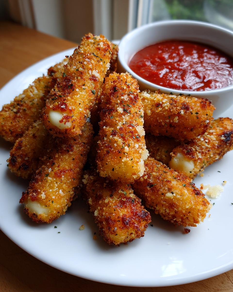 A plate of crispy, golden Air Fryer Mozzarella Sticks served with a bowl of marinara sauce.