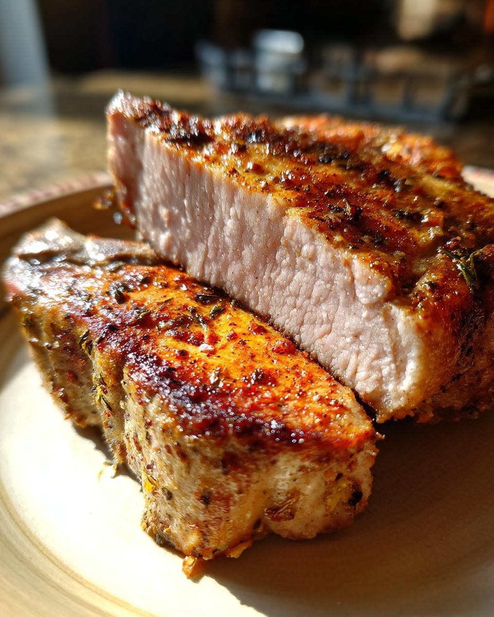 Close-up of perfectly cooked, juicy pork chops made with air fryer recipes, seasoned and browned.