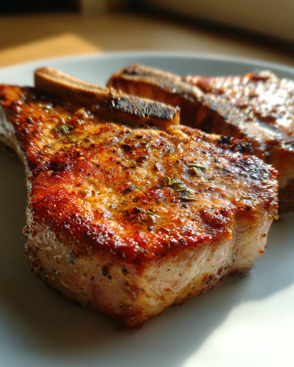 Close-up of two juicy air fryer pork chops seasoned with herbs and spices on a white plate.