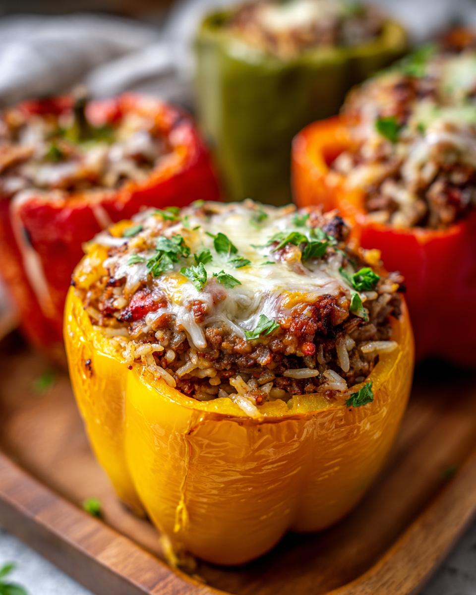 Close-up of a yellow air fryer stuffed pepper filled with ground meat and rice, topped with melted cheese and parsley.