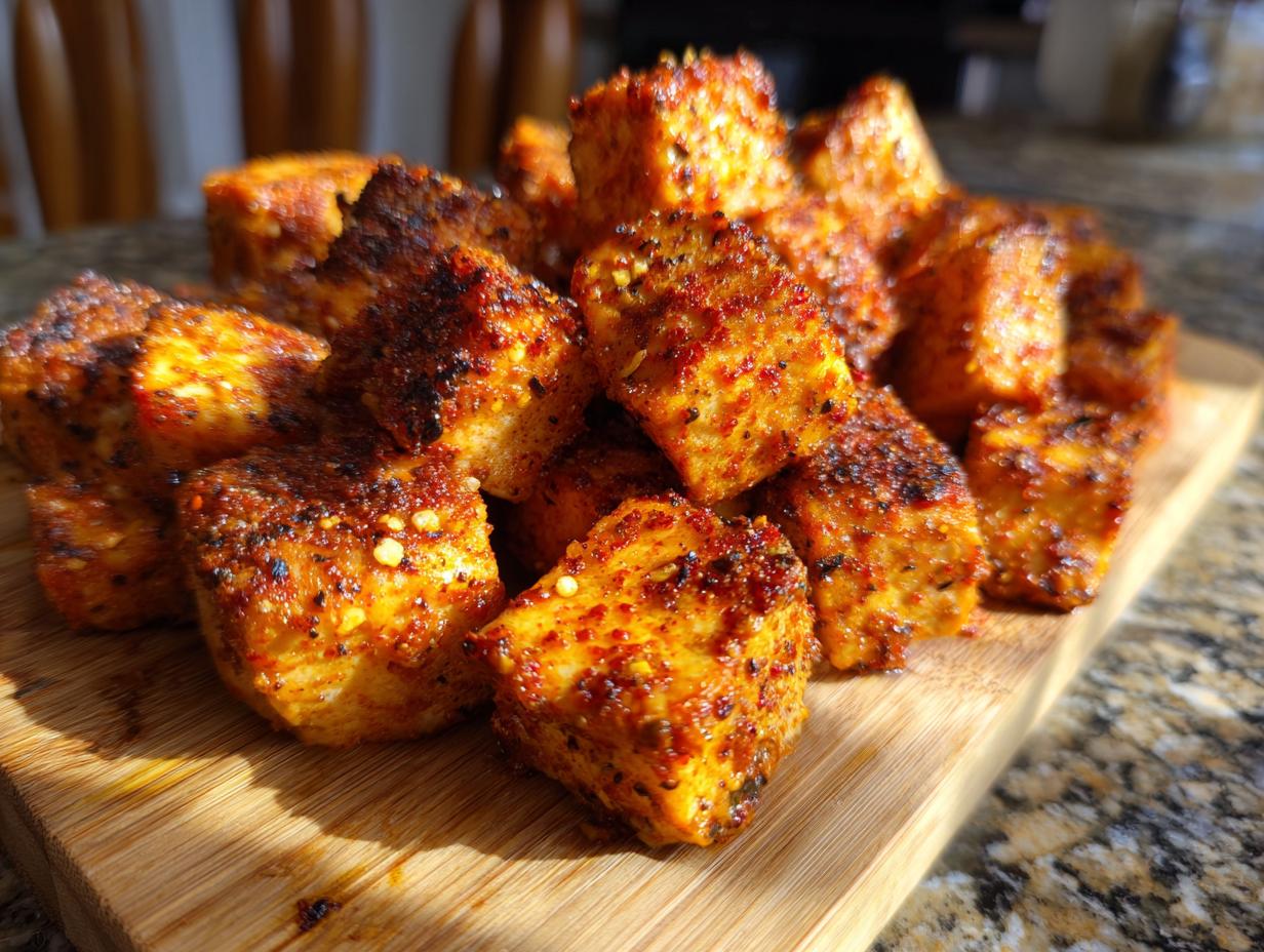 A pile of seasoned air fryer salmon bites on a wooden cutting board, ready for a fast protein dinner.
