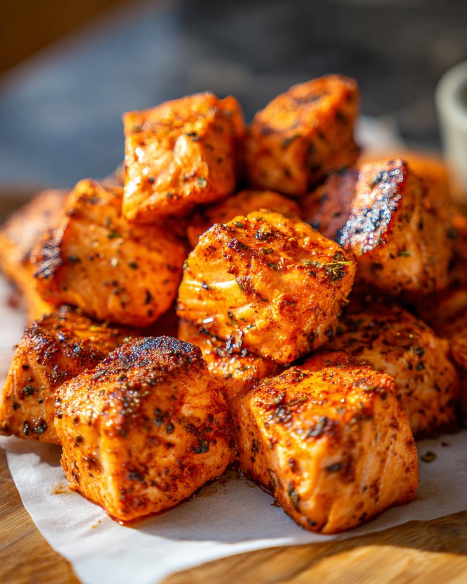A pile of seasoned air fryer salmon bites, perfect for fast protein dinners.