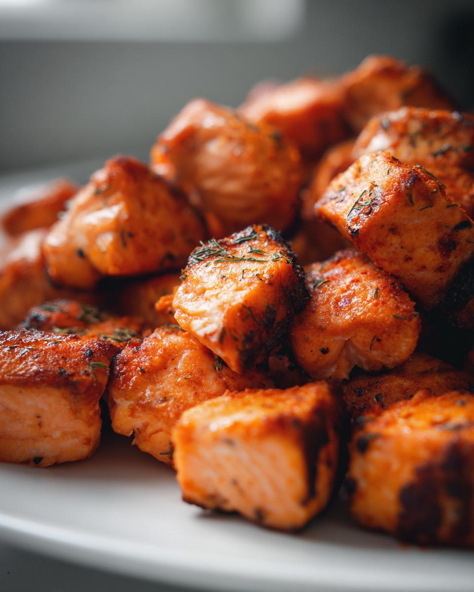 Close-up of perfectly cooked air fryer salmon bites seasoned with herbs, ready for a fast protein dinner.