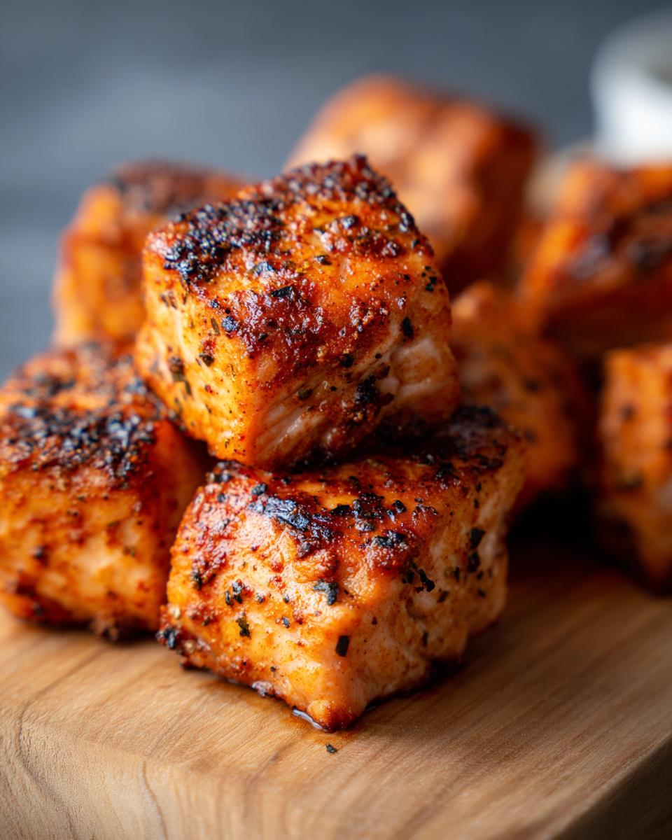 A close-up shot of perfectly cooked air fryer salmon bites piled on a wooden cutting board, seasoned with spices.