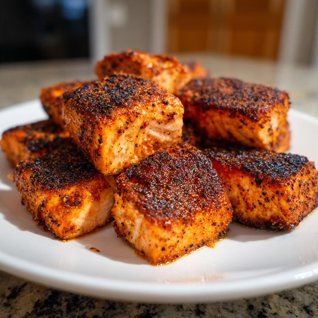 A pile of seasoned air fryer salmon bites on a white plate, perfect for fast protein dinners.