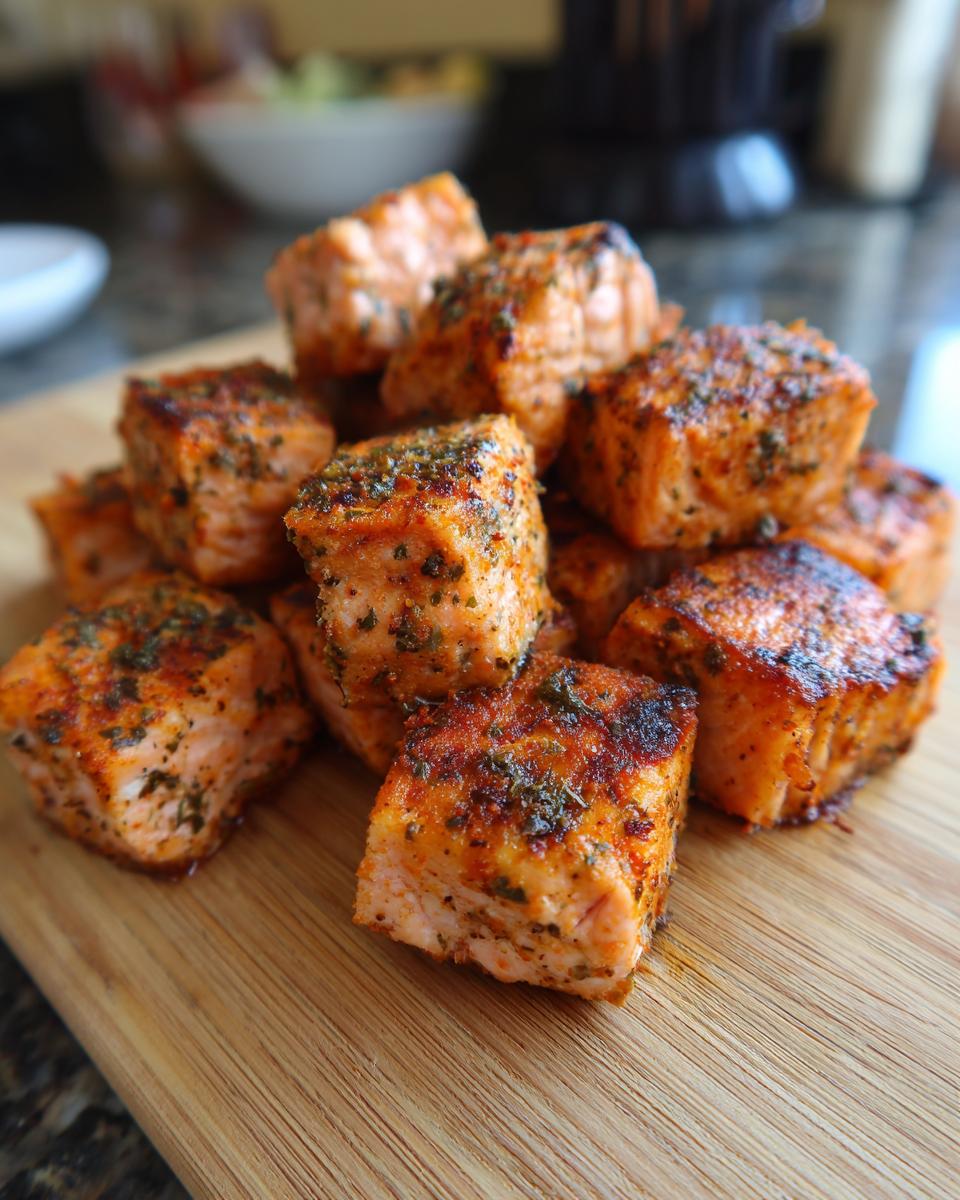 A pile of seasoned air fryer salmon bites on a wooden cutting board, ready for a fast protein dinner.