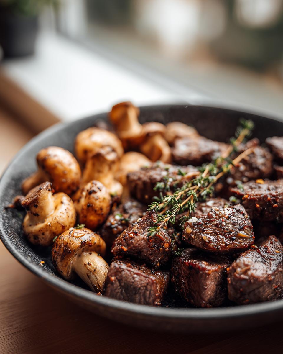 Close-up of air fryer steak bites and mushrooms in a bowl, garnished with fresh thyme.