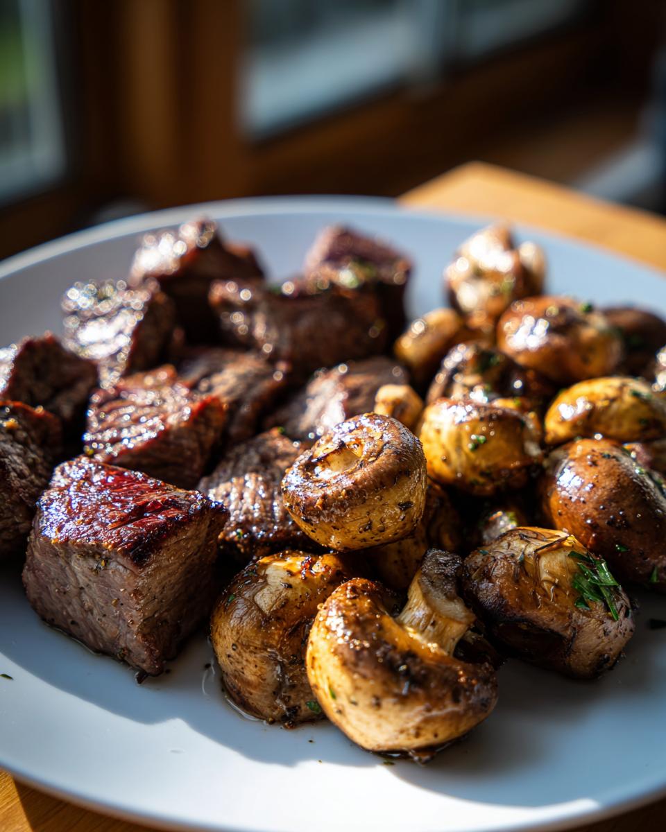 Close-up of air fryer steak bites and mushrooms seasoned with herbs on a white plate.