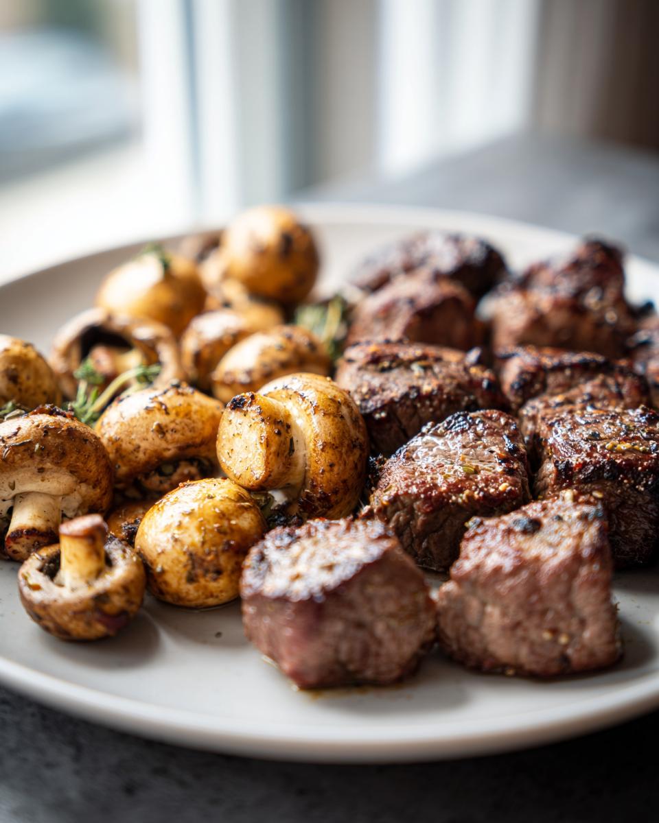 A close-up of a plate filled with juicy air fryer steak bites and roasted mushrooms, seasoned with herbs.