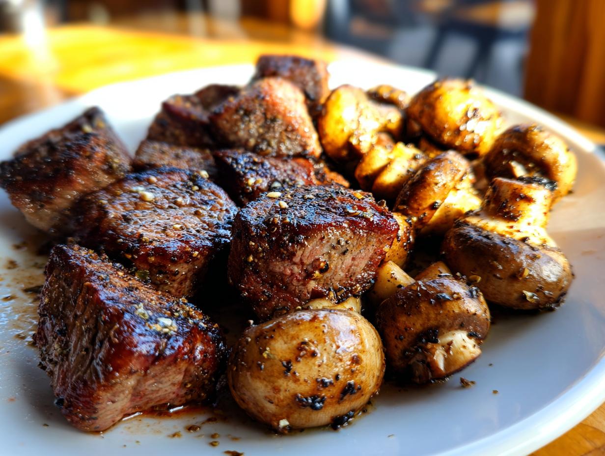 Close-up of juicy air fryer steak bites and seasoned mushrooms served on a white plate.