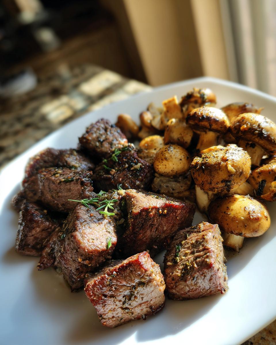 A white plate filled with juicy air fryer steak bites and seasoned mushrooms, seasoned with herbs.