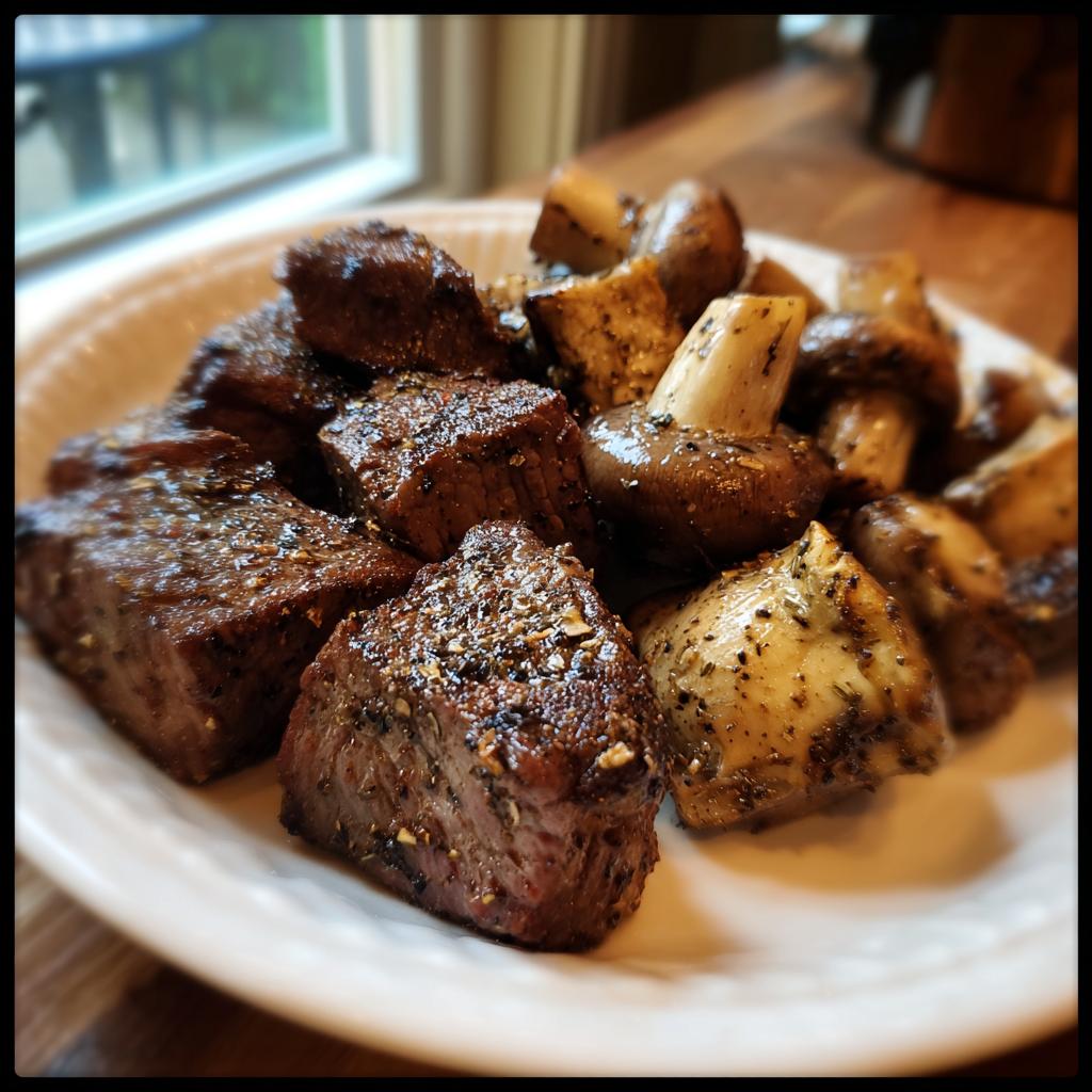 Close-up of air fryer steak bites and mushrooms seasoned with herbs and spices on a white plate.