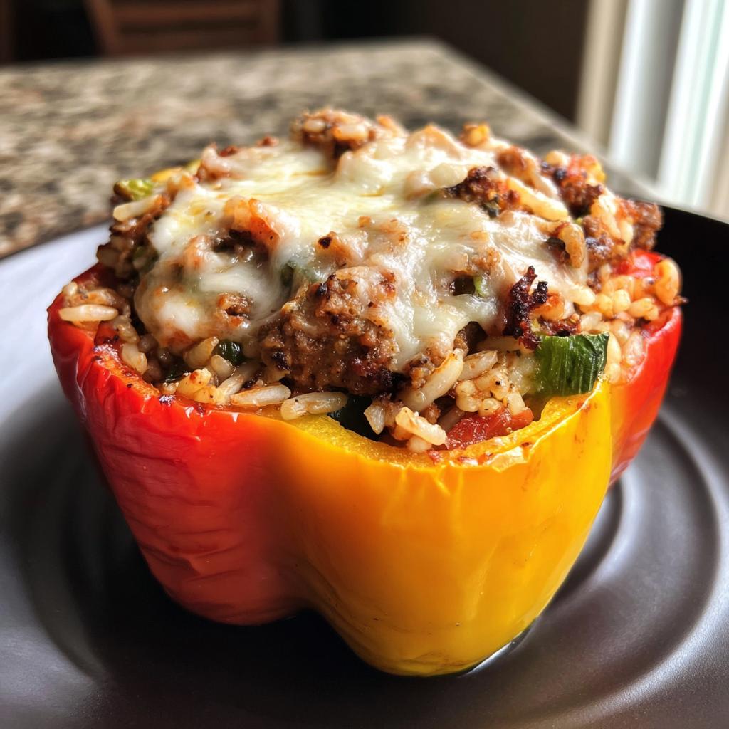 Close-up of a red and yellow bell pepper stuffed with rice, meat, and vegetables, topped with melted cheese.