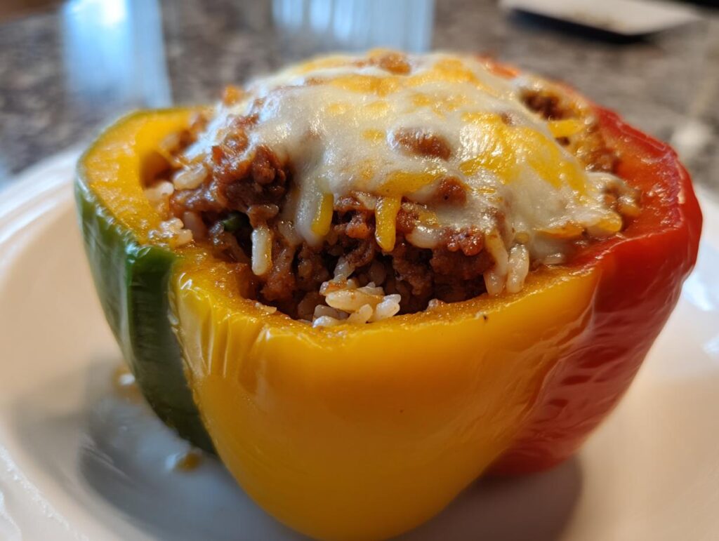 A colorful air fryer stuffed pepper filled with seasoned ground meat and rice, topped with melted cheese.