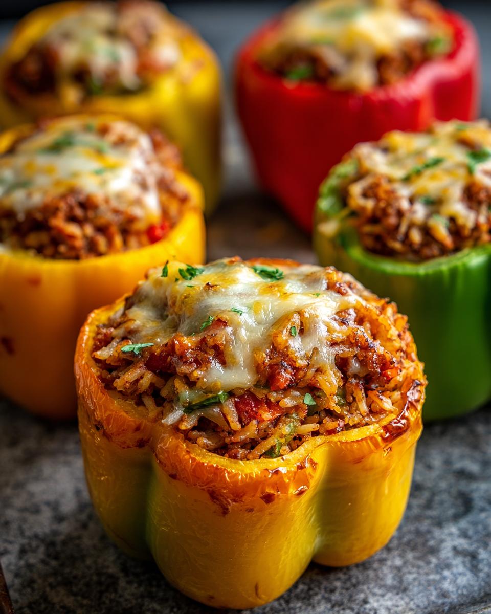 Close-up of a yellow air fryer stuffed pepper filled with rice and meat, topped with melted cheese and parsley.