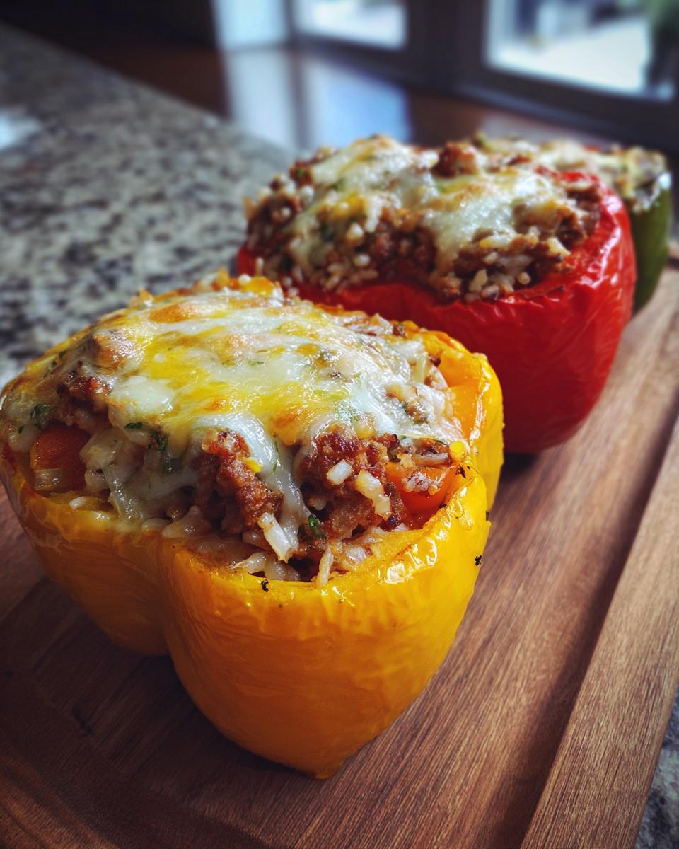 Close-up of two colorful air fryer stuffed peppers, filled with meat and rice, topped with melted cheese.