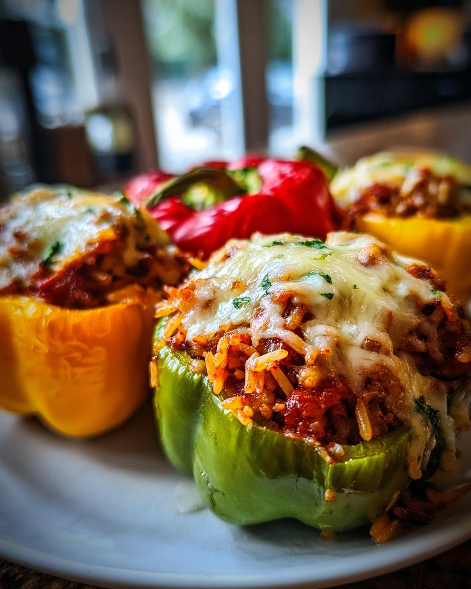 Close-up of air fryer stuffed peppers, filled with meat and rice, topped with melted cheese and herbs.