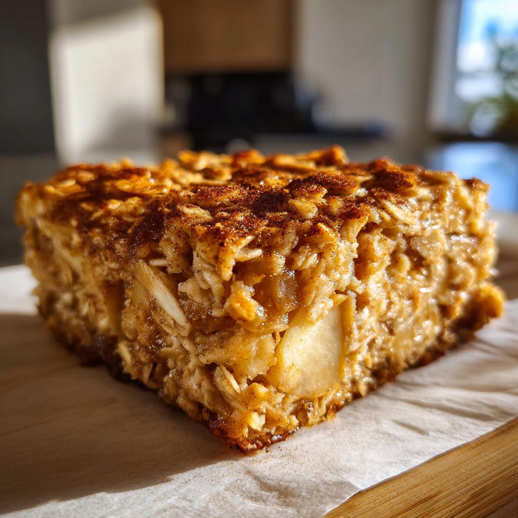 A close-up of a slice of Apple Cinnamon Baked Oatmeal, showcasing oats, apple chunks, and a dusting of cinnamon.