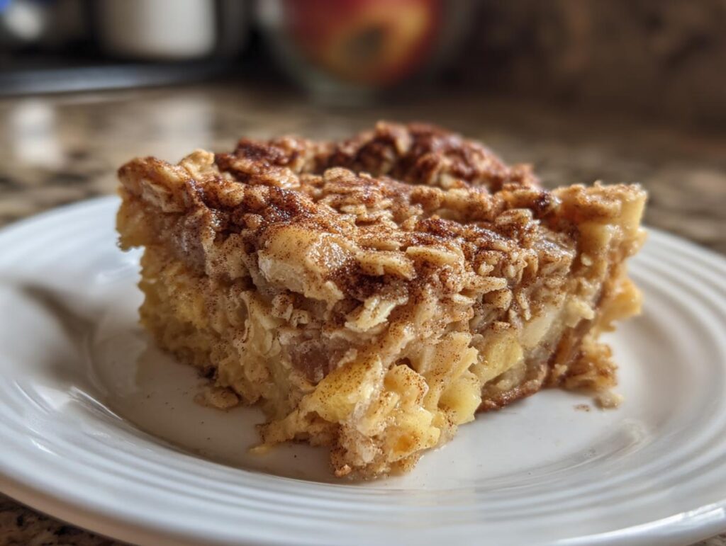 A slice of delicious apple cinnamon baked oatmeal on a white plate, sprinkled with cinnamon.