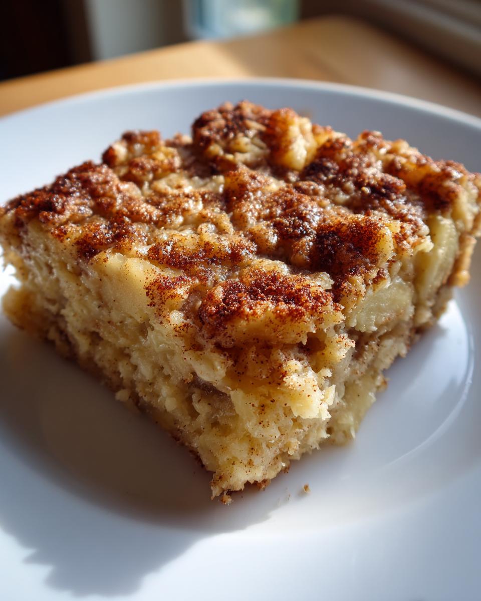 A slice of apple cinnamon baked oatmeal with a crumb topping, perfect for breakfast ideas.
