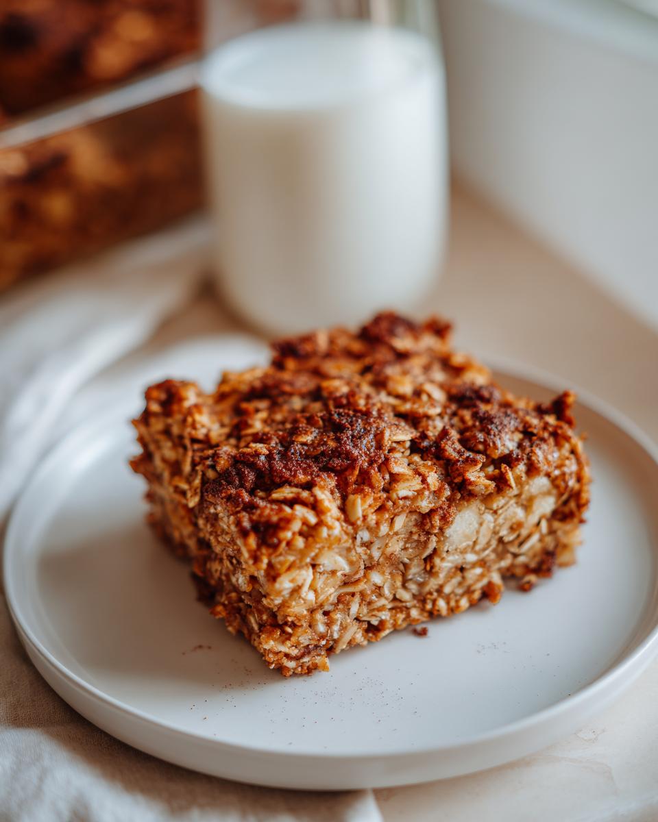 A close-up of a delicious slice of Apple Cinnamon Baked Oatmeal on a white plate, with a glass of milk in the background.