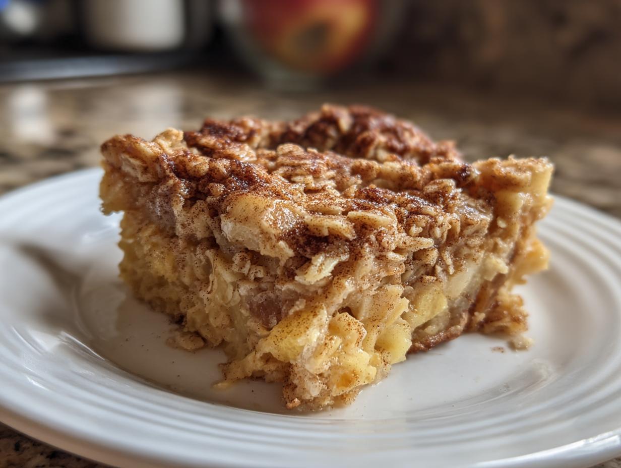 A slice of delicious apple cinnamon baked oatmeal on a white plate, sprinkled with cinnamon.