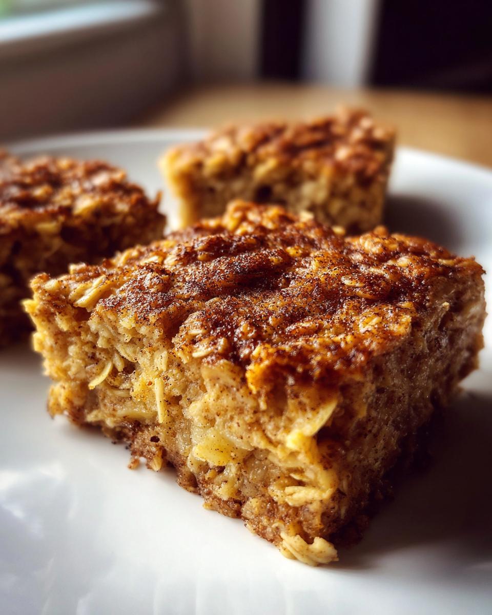 Close-up of three slices of apple cinnamon baked oatmeal on a white plate, showcasing the texture of oats and cinnamon.